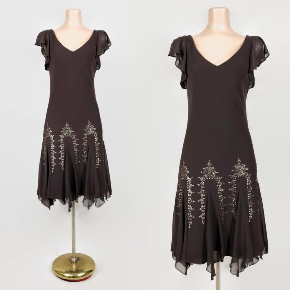 VINTAGE 90s does 30s Brown and Gold Sparkle Flutter Sleeve Dress S.L. Fashions 8